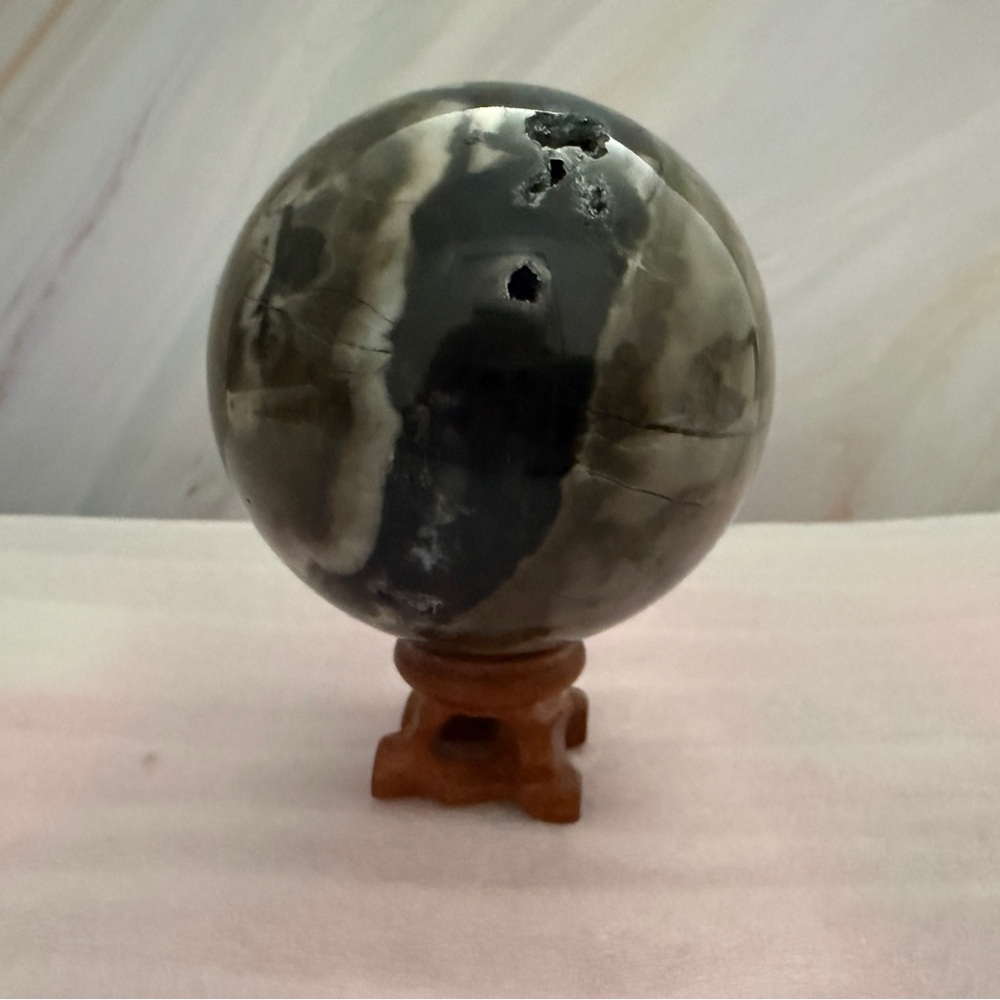 Volcano Agate Sphere with Wooden Stand